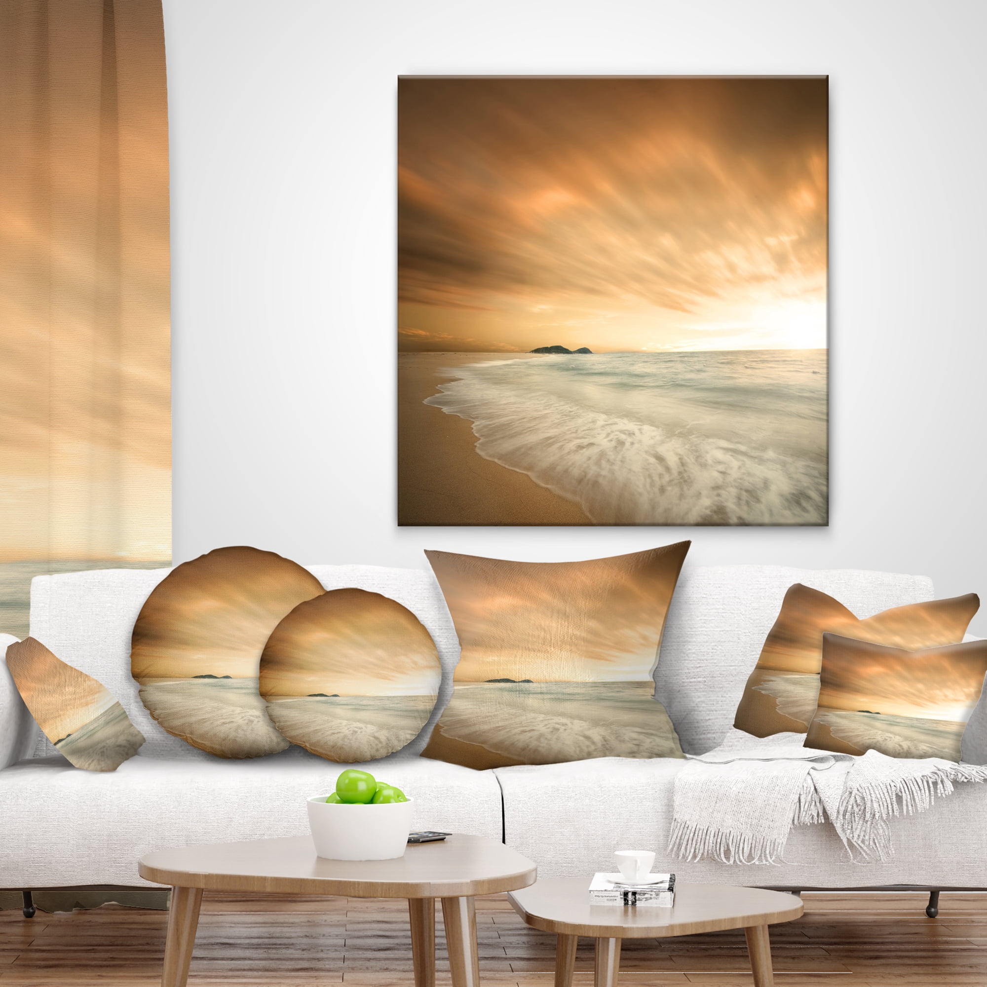 Designart Beautiful Brown Beach at Sunset - Beach Throw Pillow - 16x16