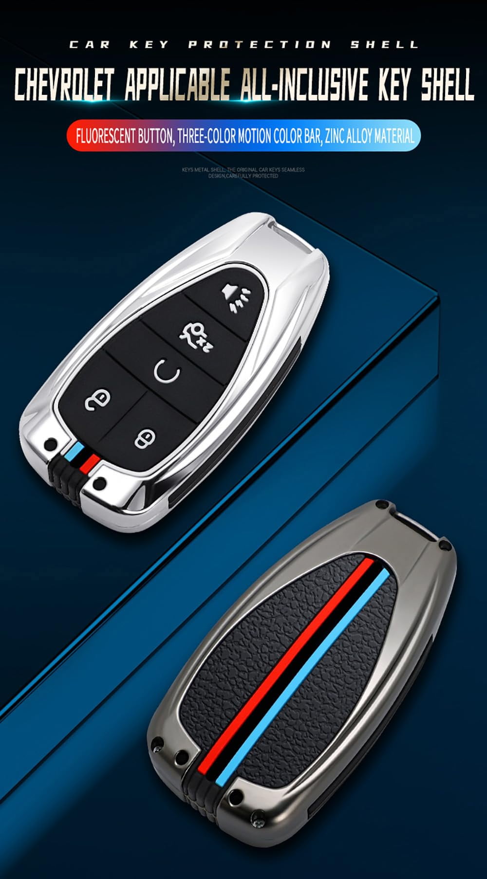 5-button Key Fob Cover Fit for Chevy Key Remote Metal Key Shell Anti-scratched Key Case Durable Car Key Holder Fit for Chevrolet Equinox Malibu Cruze Camaro Traverse Blazer Volt Bolt