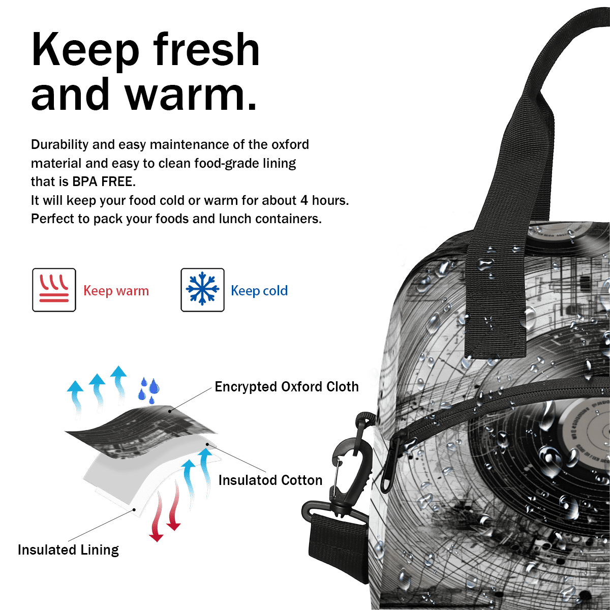Herdesigns Retro Music Insulated Lunch Bag for Women Men Adults Large Reusable Lunch Box Music Records Leakproof Cooler Tote Bags with Adjustable Shoulder Strap