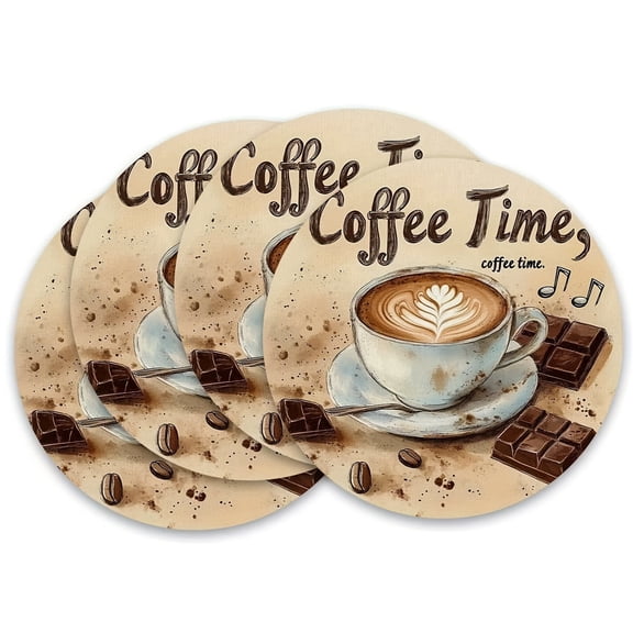Round Placemats,Relaxing Coffee Time Pattern Round Placemats Placemats Set of 4, 14Inch Beige Table Mats for Party Kitchen Dining Decoration