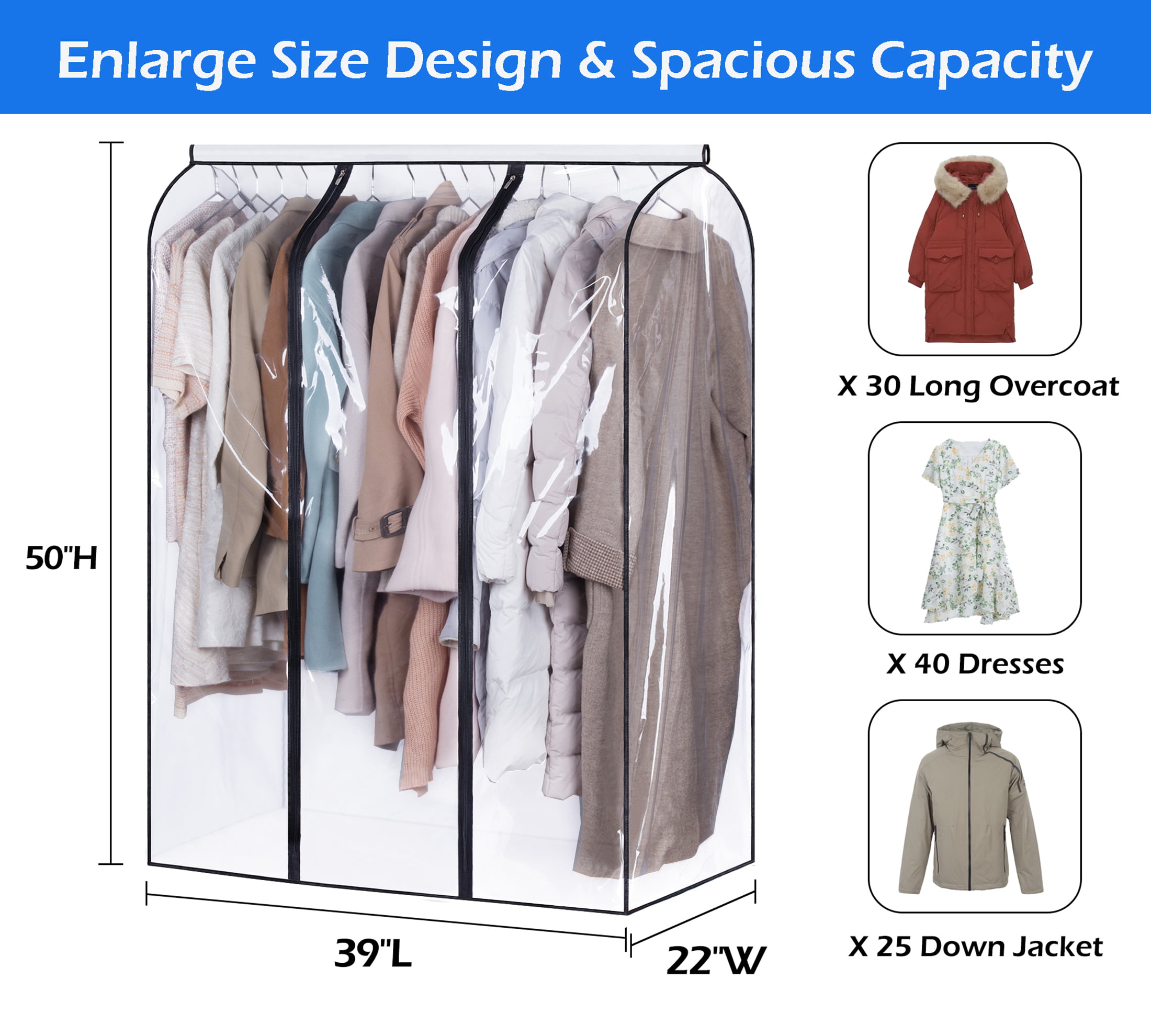 MISSLO 43 Hanging Garment Bags for Storage Well Sealed Clothes Dust Cover  with Large Clear Window and 3 Zippers Opening for Suit Coat Closet Rack