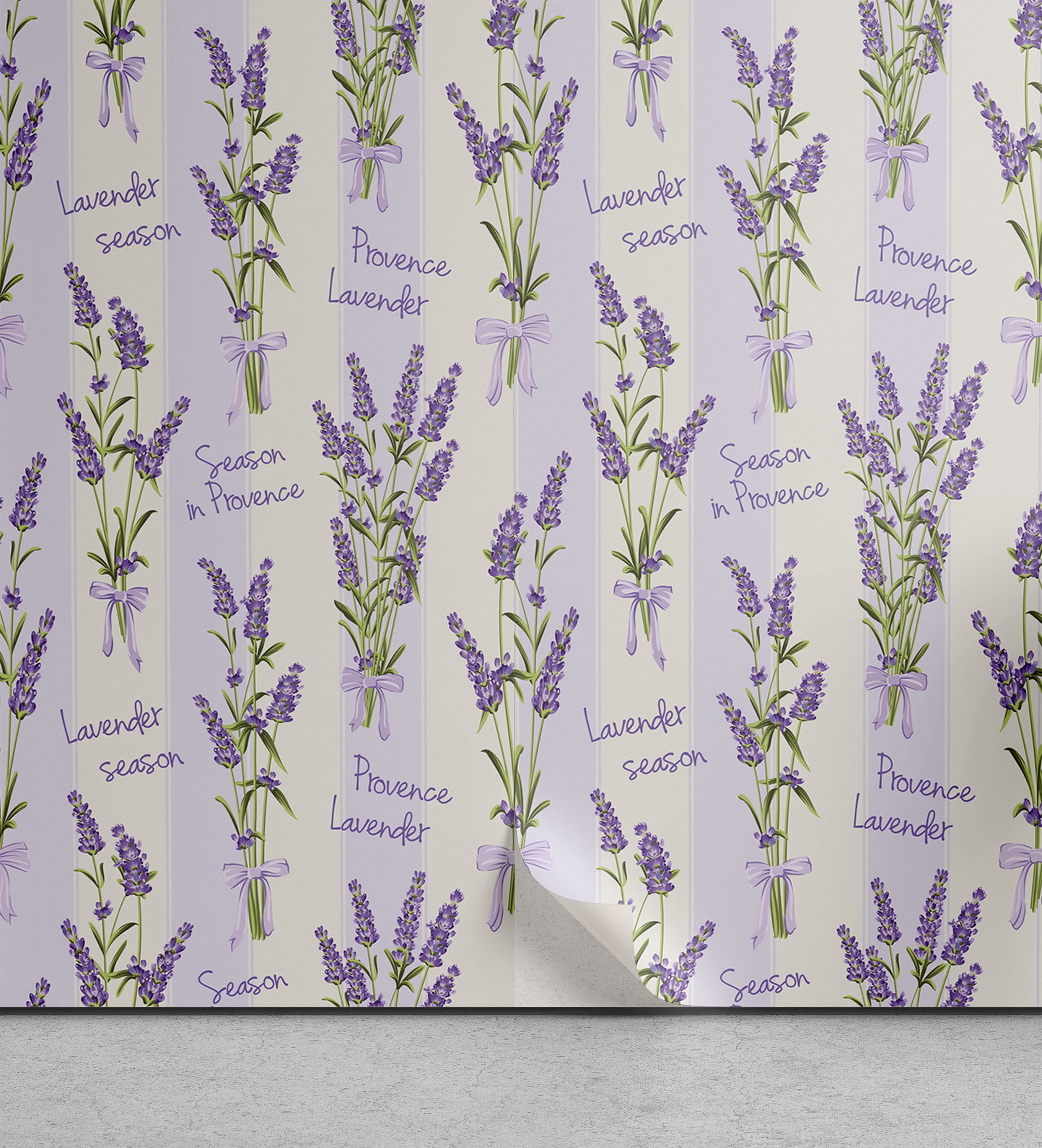 Lavender Peel & Stick Wallpaper, Stripes and Flowers Ribbons Romantic