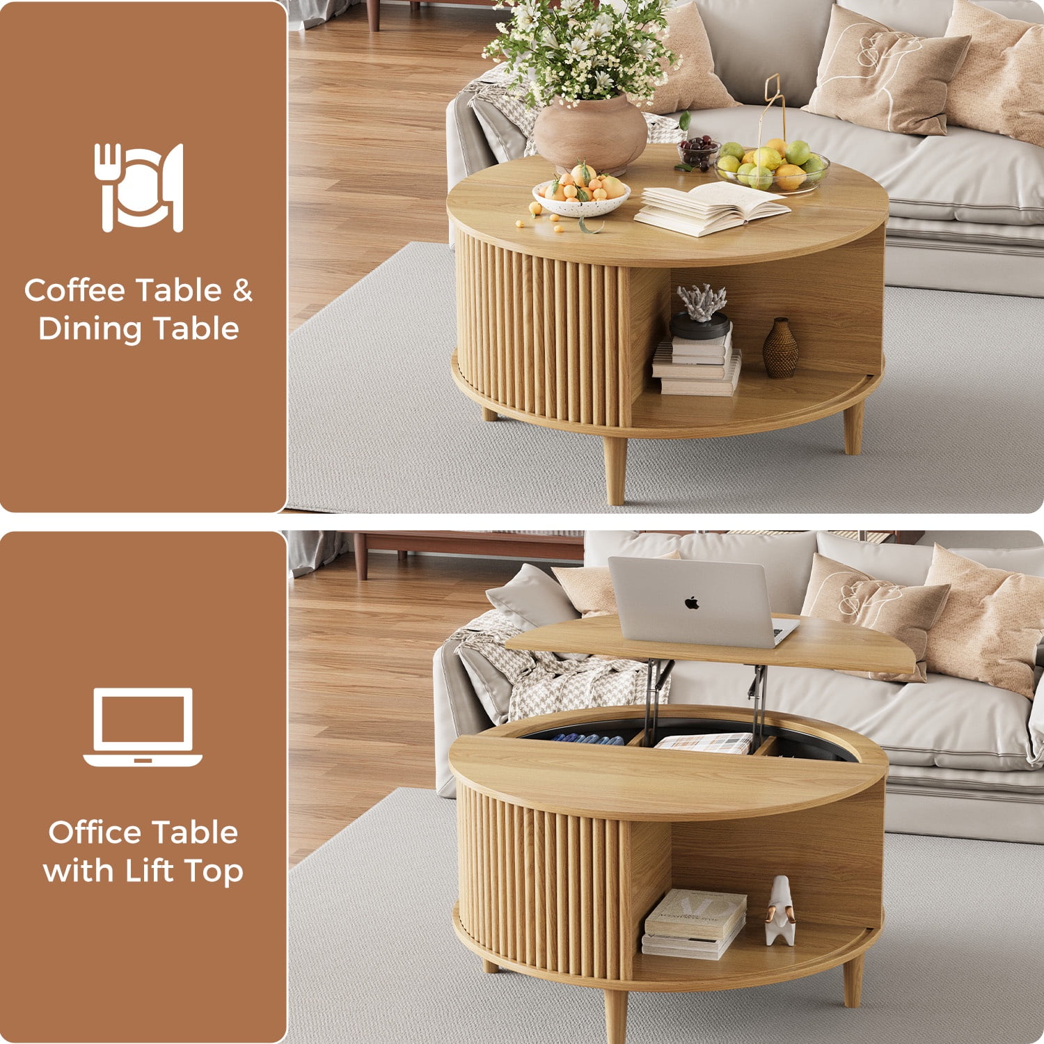 CDCASA Round Coffee Table with Storage, Fluted Lift Top Coffee Tables for Living Room, Mid Century Modern Round Center Table with Sliding Cabinet Door, Light Brown