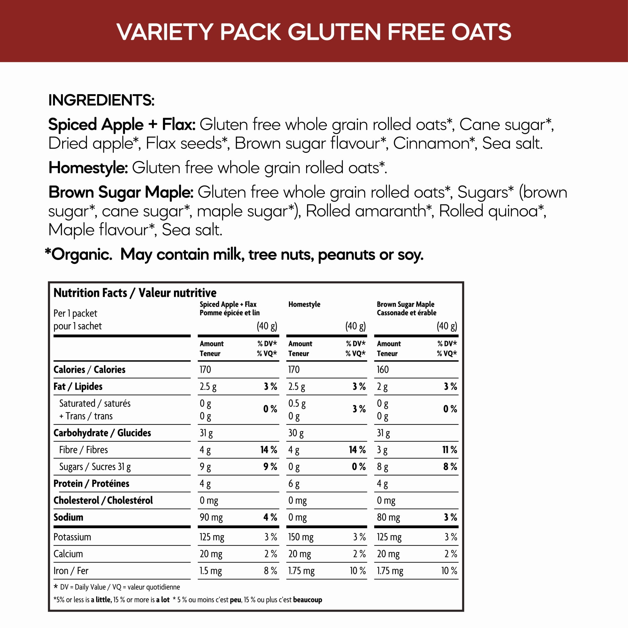 Nature's Path Gluten Free Variety Pack Oatmeal, 320G (8 Packets)