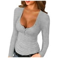 thumbnail image 2 of Dyfzdhu T Shirts for Women Trendy Solid Round Neck Long Sleeve Casual Button Slim Fit Basic Tops Gray, 2 of 6