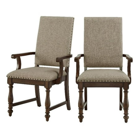 Tom 26 Inch Dining Armchair- Beige Polyester- Nailheads- Brown Wood- Set of 2