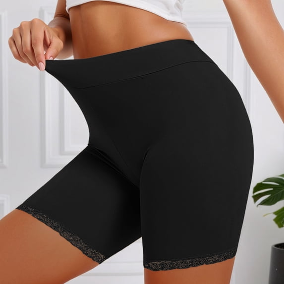 Peichun Womens Stretch Lace Splicing Non-slip Under Shorts for Dresses and Skirt Bottoming Thin Smooth Seamless Under Shorts Pure Color Comfy Breathable Shaperwear Black M
