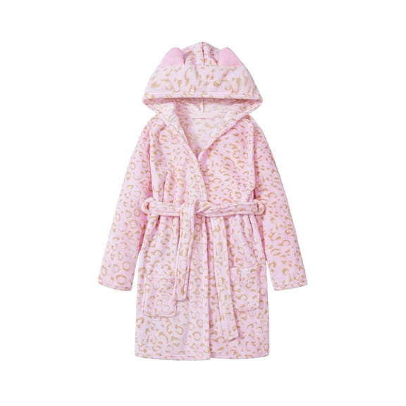 Leopard Cat Robe for Girls Fleece Toddler Kids Teen Spa Hooded Bathrobe Size 8