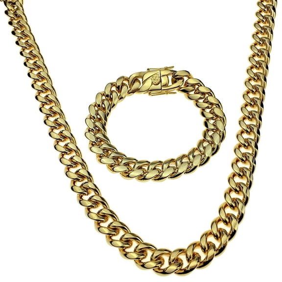 Men's 24K Gold Plated  Over Stainless Steel 14 mm Miami Cuban 8.5" Bracelet & 18"  Choker Chain Set