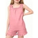 thumbnail image 2 of Camisola de Cuello Redondo sin Mangas Casual Y Pantalones Cortos de Estilo de Chicas con Correas Y Doblados Acanalados, Tela Suave Transpirable, Traje de Dos Piezas de Color Sólido, 2 of 9