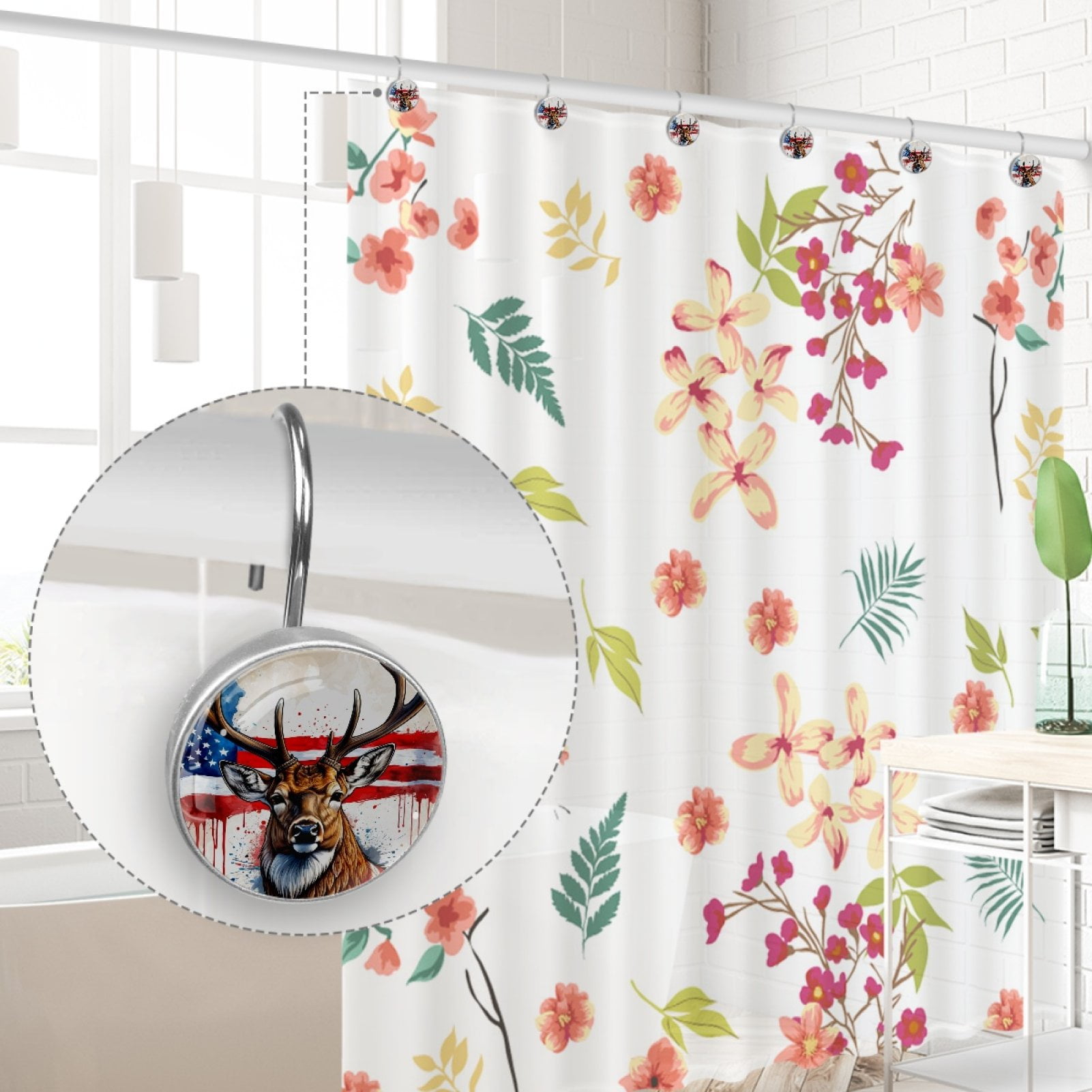 Deer and American Flag Shower Curtain Hooks （Set of 12） for Home Hotel Shower Rods Bathroom Crystal Glass Print Stainless Steel Round Curtain Hooks