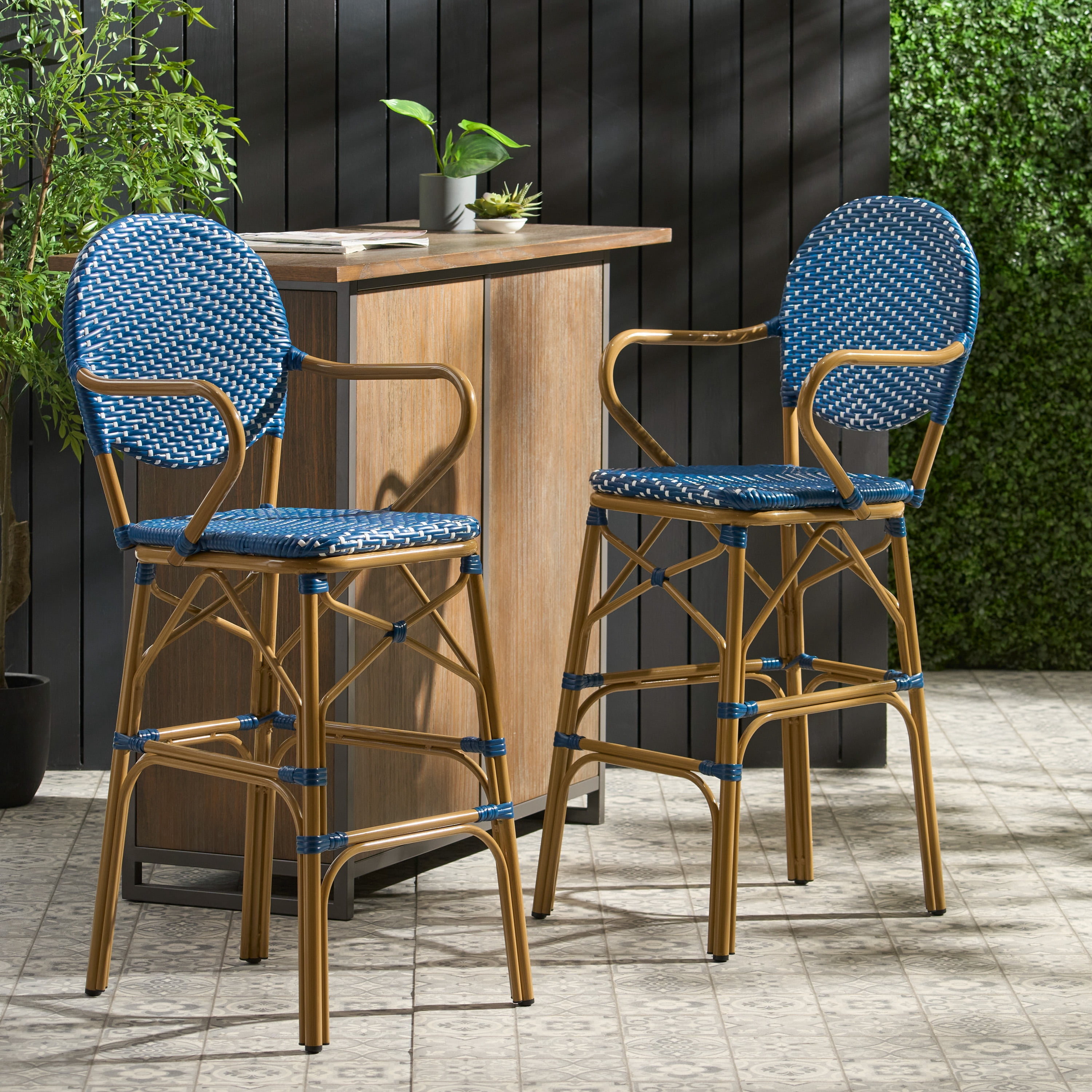 Outdoor Height Bar Stool Set of 2 29.5 Inch, Wicker and Aluminum Combined Frame for Patio Bar, Navy Blue and Bamboo
