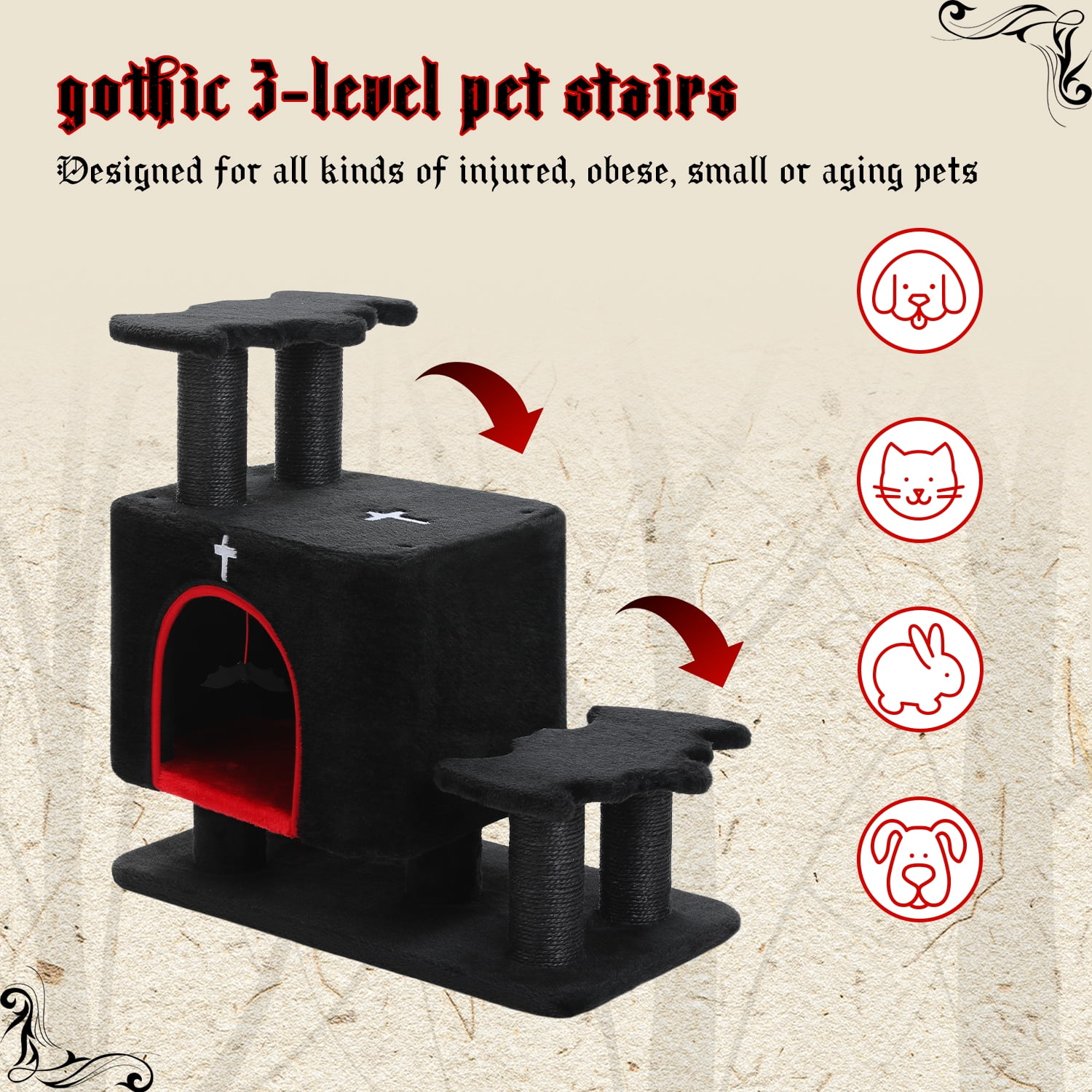 PAWZ Road 21.3" Dog Stairs with Scratching Post 3-Step Pet Stairs with Cat Condo for Small Dog Black