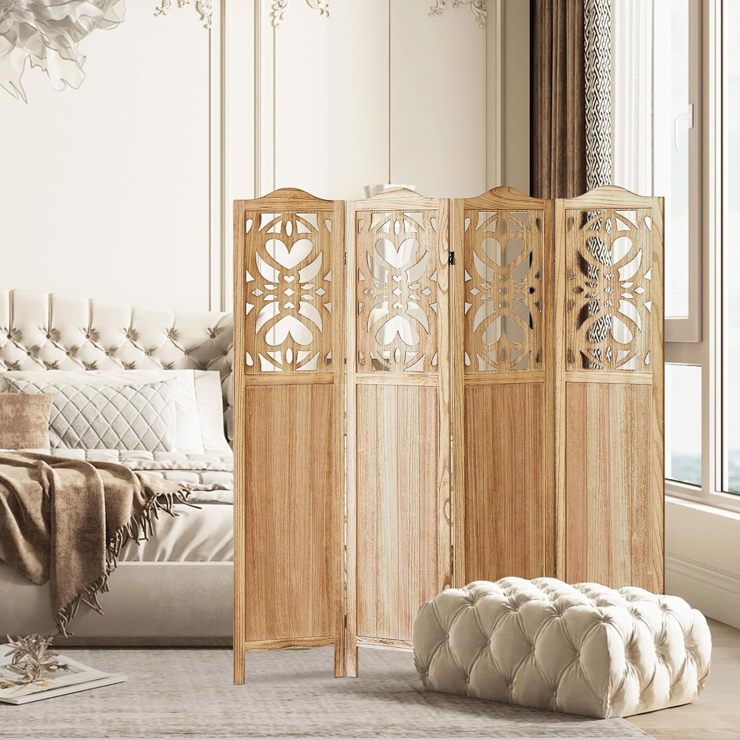 Wood Room Divider 4 Panel 5.6Ft Carved Room Divider and Folding Privacy Screen, Minimalism Portable Partition Screen Divider for Room Separation, Room Decoration for Home Office - Natural