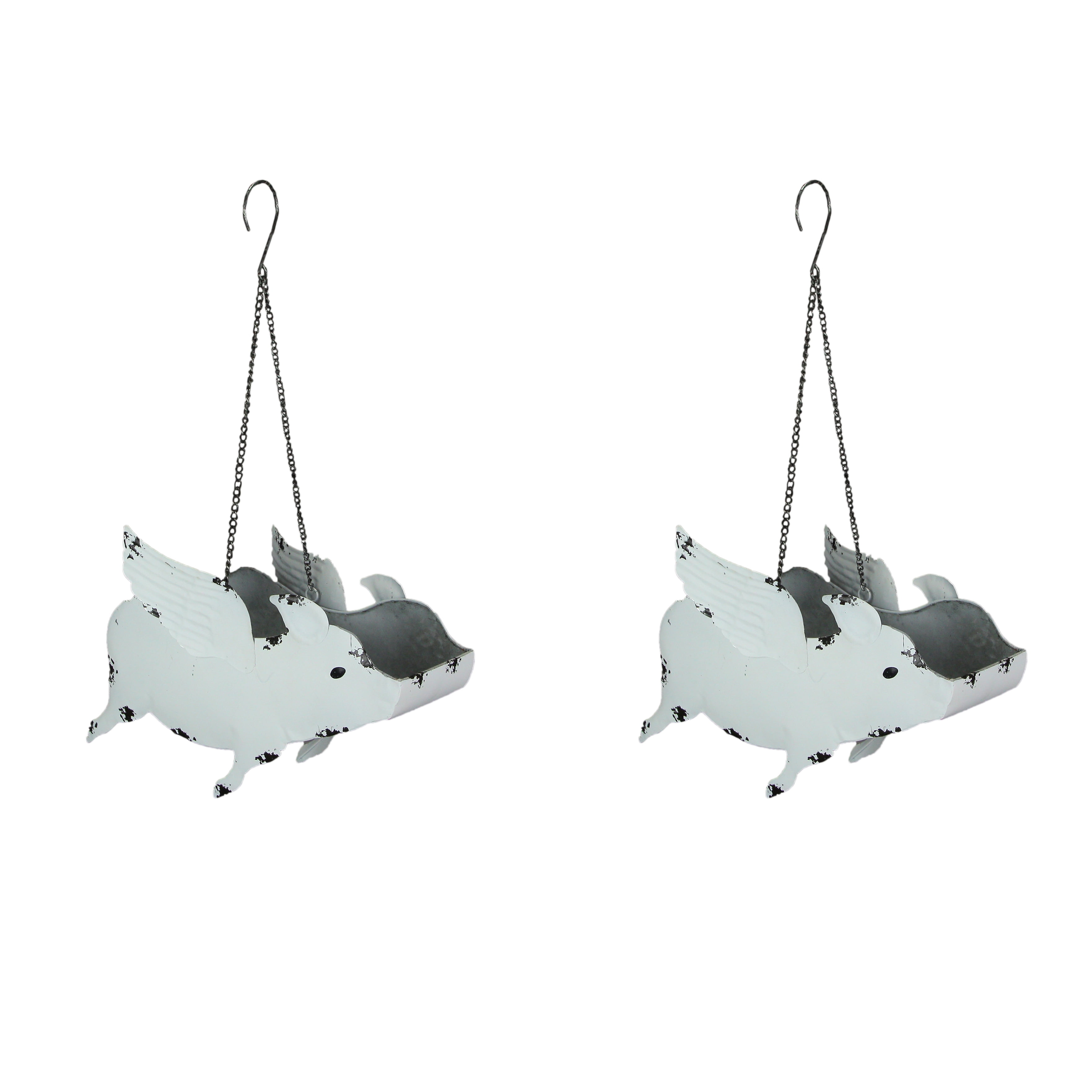 Zeckos White Finish Metal Flying Pig Hanging Outdoor Planters Set of 2 ...