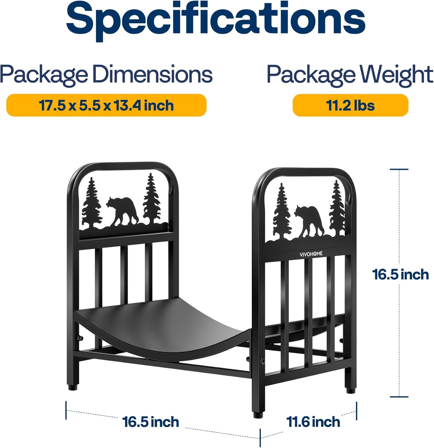 SPECSTAR 16.5 in Decorative Firewood Storage Log Rack with Bear Pattern, Solid Wrought Iron Fireplace Wood Holder Stacker, Indoor Outdoor Waterproof Rustproof