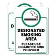 thumbnail image 1 of Designated Smoking Area Sign, Use Cigarette Bins Sign - 2 Pack - 10 x 7 Inches Rust Free .040 Aluminum - UV Protected, Waterproof, Weatherproof and Fade Resistant - 4 Pre-drilled Holes, 1 of 4
