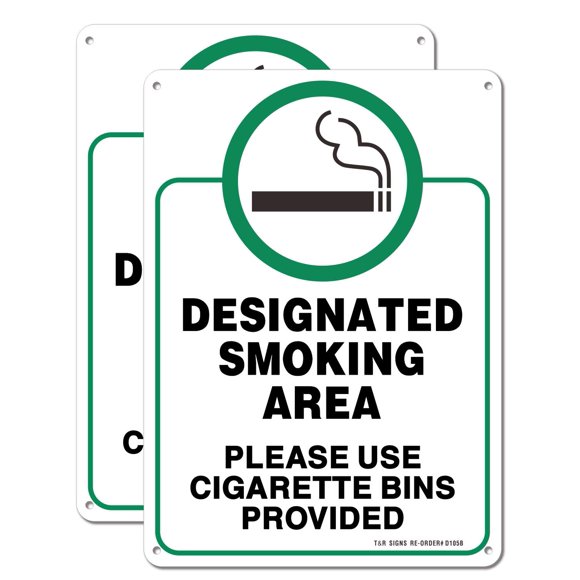 Designated Smoking Area Sign, Use Cigarette Bins Sign - 2 Pack - 10 x 7 Inches Rust Free .040 Aluminum - UV Protected, Waterproof, Weatherproof and Fade Resistant - 4 Pre-drilled Holes