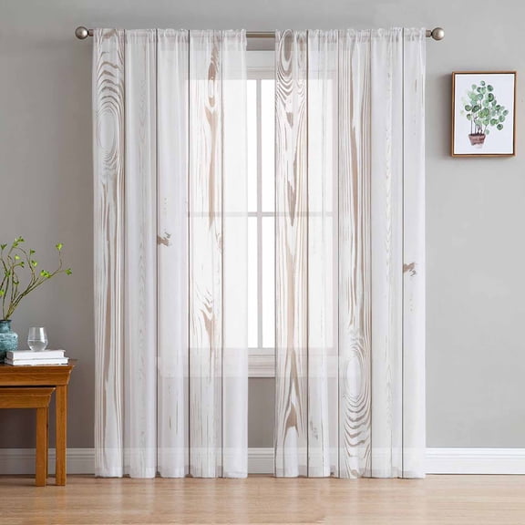 ERUNPONLY White Wood Grain Sheer Curtains 63 Inch Length 2 Panels Set, Country Farmhouse Wooden Plank Voile Window Treatment Curtains Sheers Drapes for Bedroom/Living Room/Kitchen 52x"63"x2