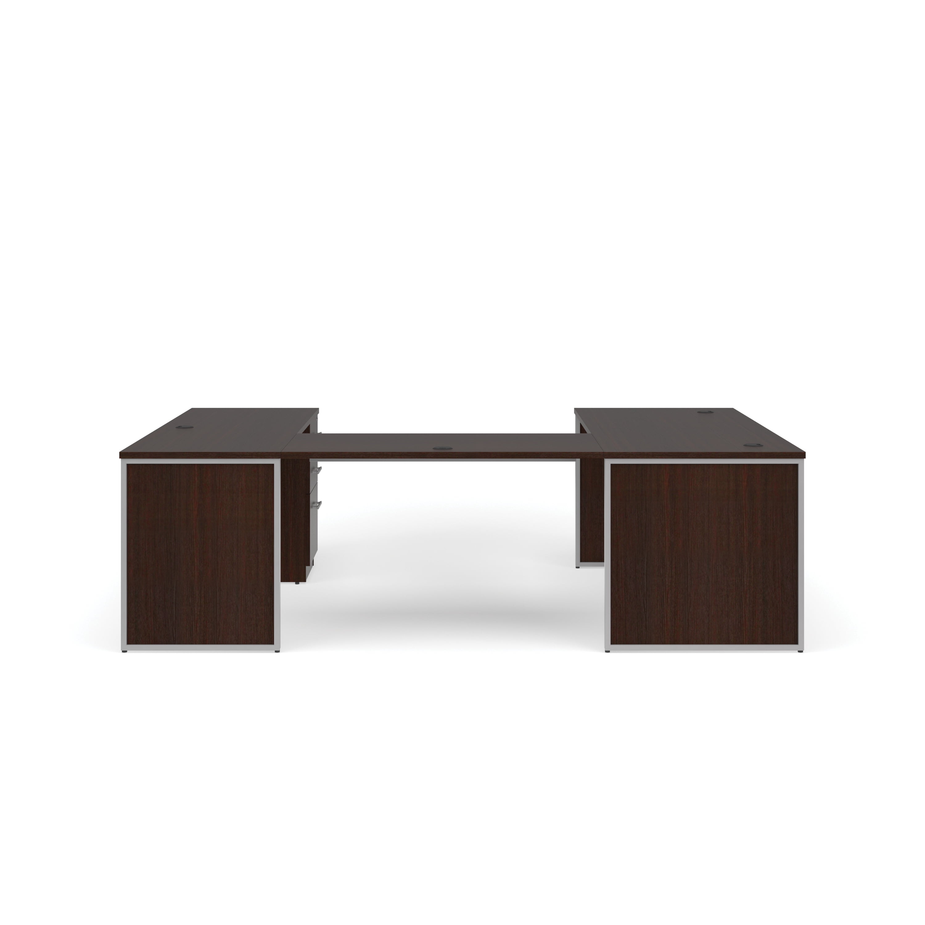 OFM Fulcrum Series Office Furniture Set, 66" U-Shaped Desk with Bridge, Credenza, 3-drawer Filing Cabinet, Leg Panels, Modesty Panels, in White