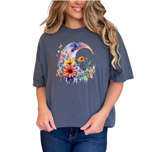 Moon and Floral Art T-Shirt, Modern Watercolor Design Tee, Unique Artistic Graphic Shirt, Nature Inspired Clothing, Stylish Casual Wear, Denim Comfort Colors T-Shirt, Small