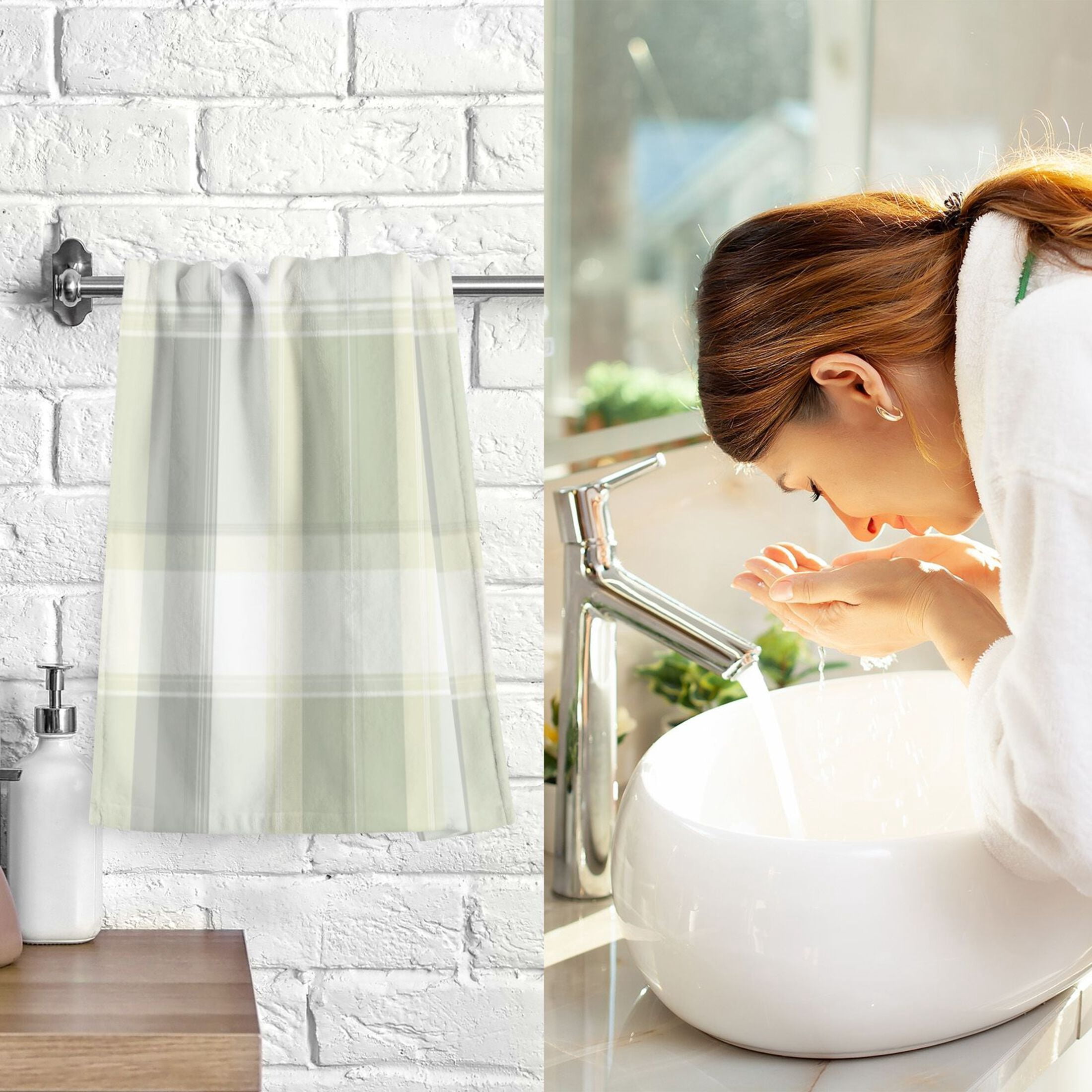 2 Pcs Absorbent Face Towel Bath Hand Towels Soft Breathable Cotton Towel Set for Bathroom Kitchen Hotel Spa Decor Light Gray and Green Plaid