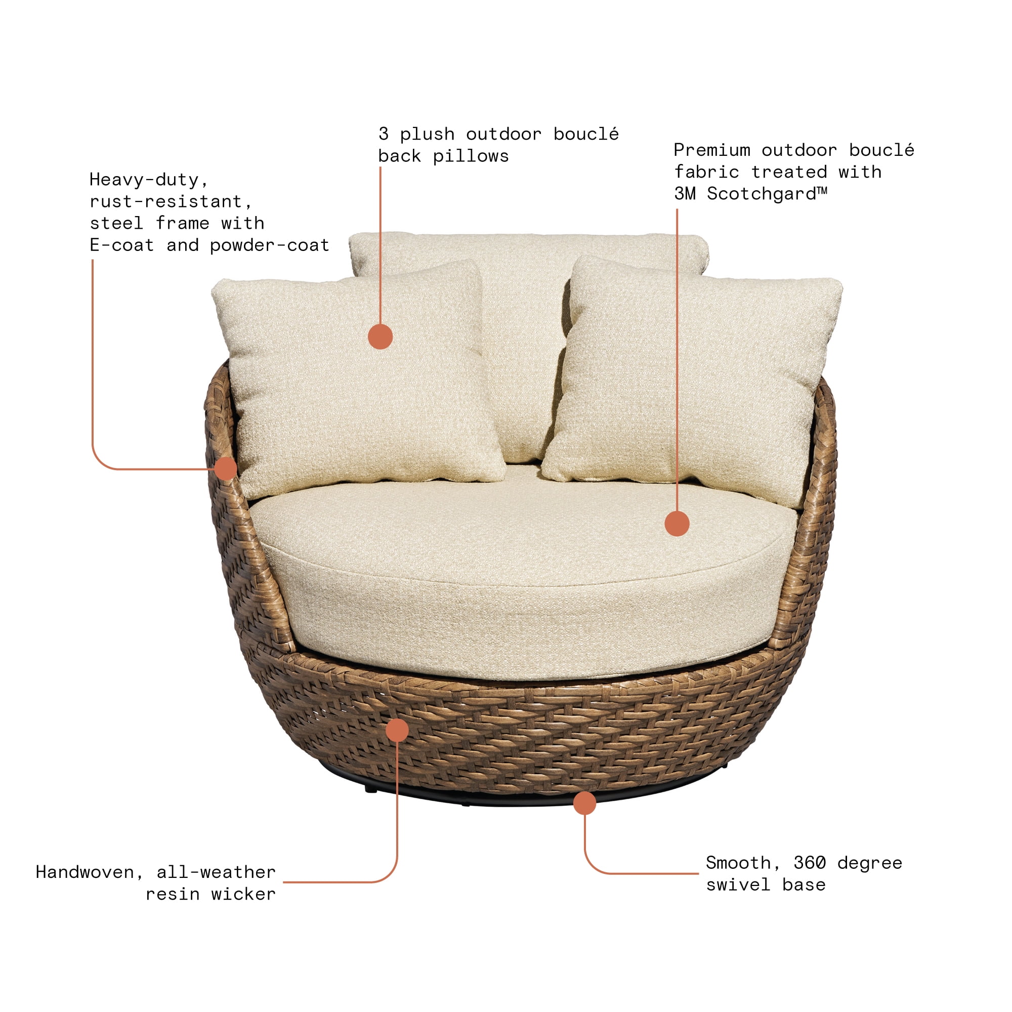 Beautiful Wicker Outdoor Swivel Chair with Bouclé Cushions & Cover by Drew Barrymore, Brown/Porcini