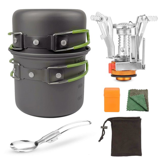 Juego de utensilios de cocina al aire libre Camping Picnic Portátil Cocinar Potilla Pan 2-3 personas Montañismo Reutilizable Aluminio Aleación Estufa Burner Green Inevent OD003577-02