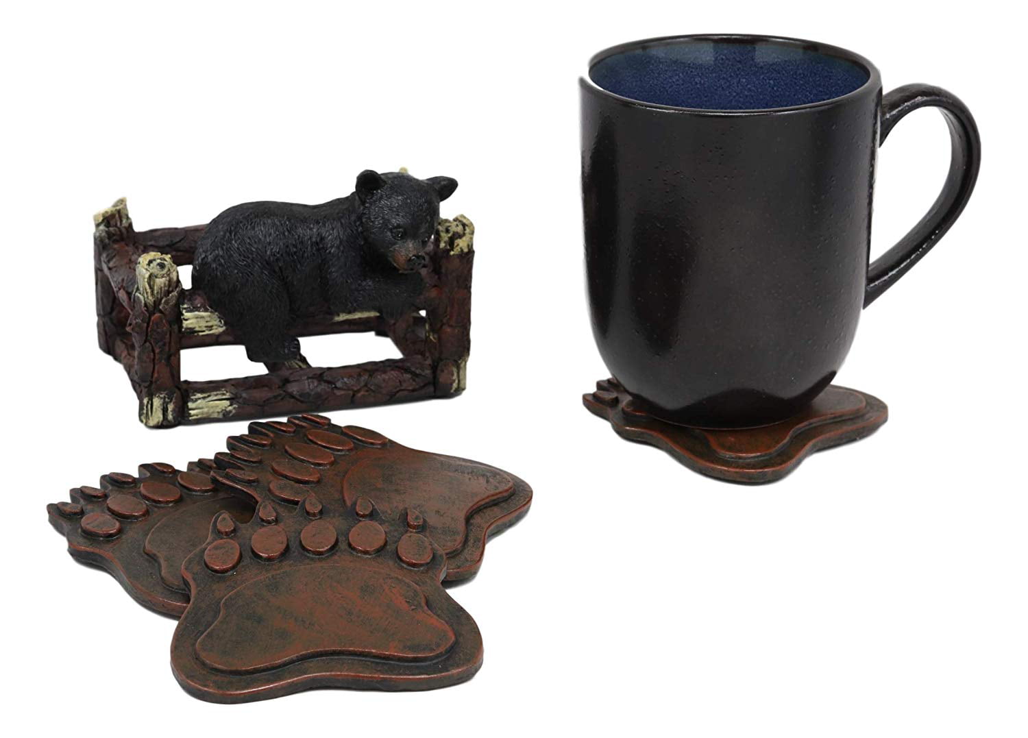 Forest Black Bear Cub Hanging On Tree Branch Holder With 4 Paws Coasters Set 