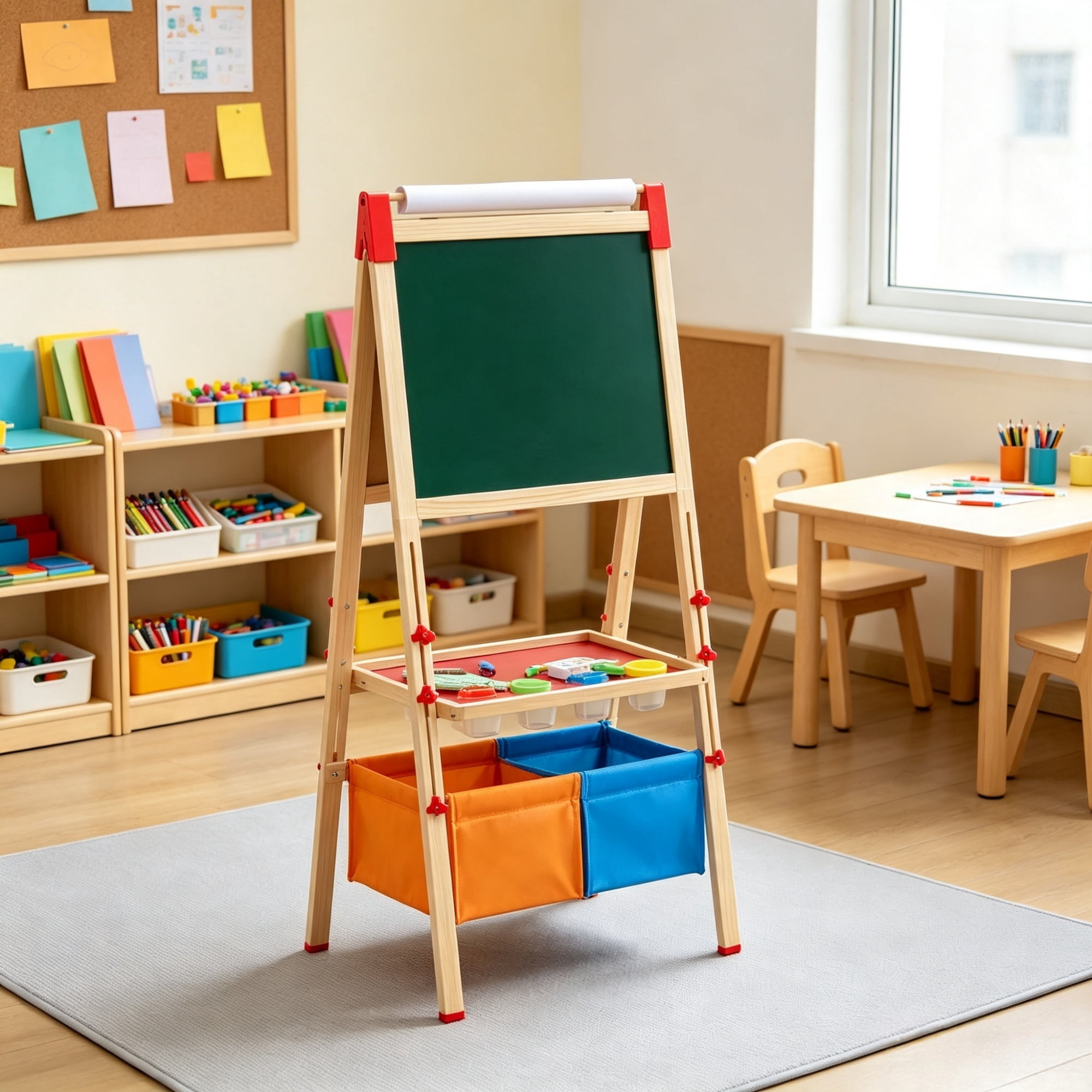 3 in 1 Kids Art Easel, Wooden Double-Sided Magnetic Whiteboard & Chalkboard with Paper Roll, Adjustable Standing Drawing Board with Painting Accessories, for Boys Girls
