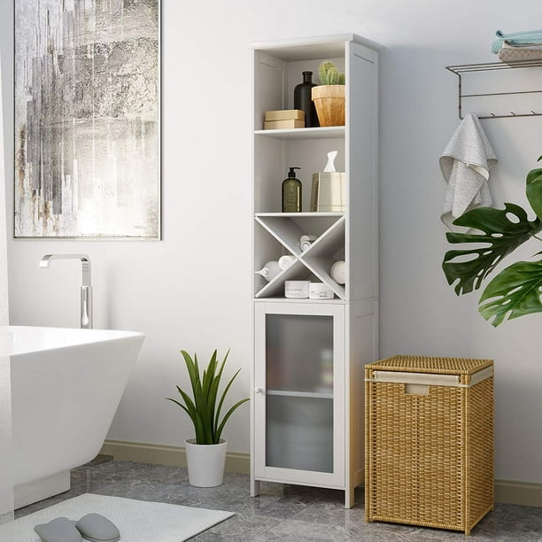 64 Tall Bathroom Storage Cabinet Freestanding Linen Tower With 3 Tier Shelves Removable X Shaped Stand Space Saving Floor White Com - Bathroom Linen Cabinet Sizes