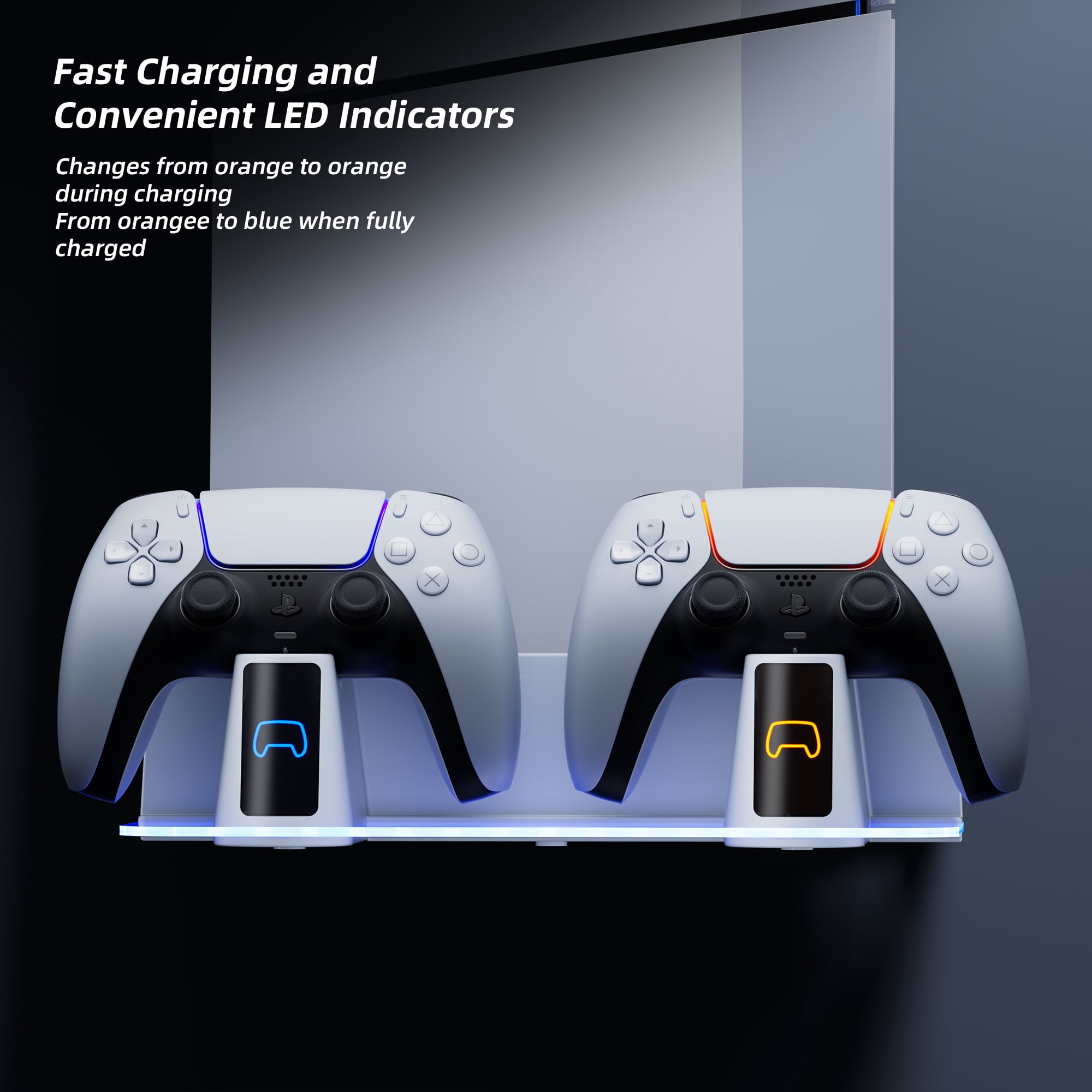PS5 RGB Wall Mount Kit with Dual Charging Station, Shelf Mount Compatible with Both PS5 and New PS5 Slim Consoles, Wall Hanging Stand for Playstation 5 Accessories with Headset Holder