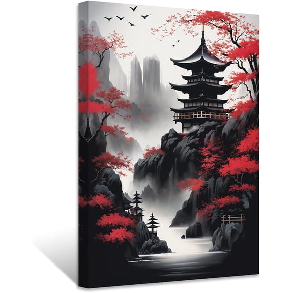 ZHONGYUTONG Japanese Canvas Wall Art Red and Black Cherry Trees Pagoda Painting Japanese Landscape Poster Prints Japan Themed Artwork Wall Decor (12.00" x 18.00")