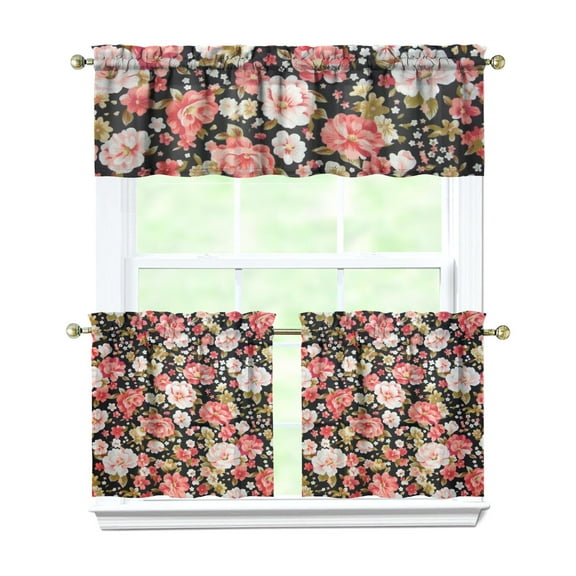 Vintage Country Curtains 24 Inch - 3 Panel Rustic Bloom Set with Bohemian Wildflowers, Farmhouse Kitchen Window Drapes