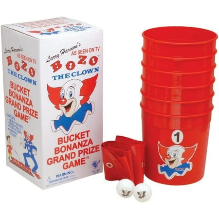 WARM FUZZY Toys Bozo The Clown Bucket Bonanza Grand Prize Game - Yard Games Pong Set with 6 Durable Buckets, 1 Vinyl Strip and 2 Balls, Cup Pong Throwing Game for Beach, Camping, Lawn and Backyard