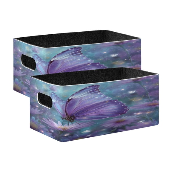 Wobogo Purple Sparkling Butterfly Decorative Folding Storage Basket Set of 2 for Desktop Bedroom Living Room Dressing Table