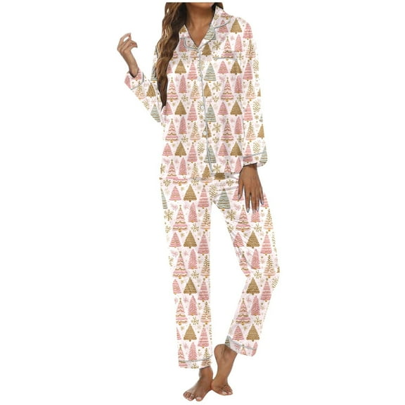 Christmas Pajamas for Women Long Sleeve Lapel Cozy Button Down Nightwear Sleepwear Outfit with Pocket Casual Fall Winter Soft Comfy Loose Womens Loungewear Beige L