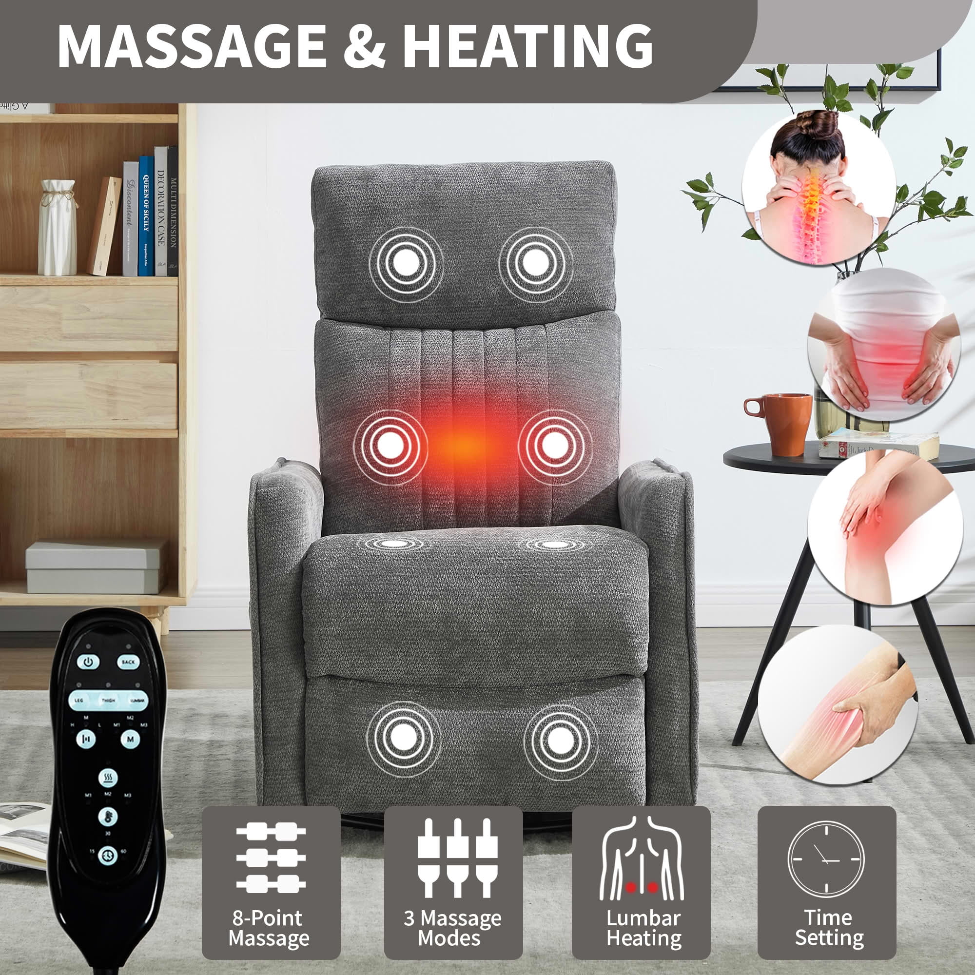 MAYEERTY Dark Grey Chenille Heat Massage Recliner Chair, 360° Swivel Rocker for Living Room