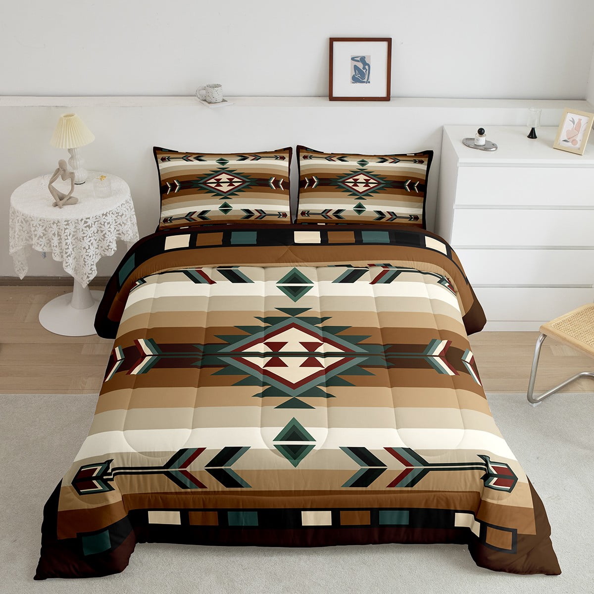 Rustic Bohemian Queen Comforter Set American Southwestern Bedding Set Boho Western Aztec Exotic Bed Comforter Sets Men Vintage Country Farmhouse Quilt Duvet 3 Pcs