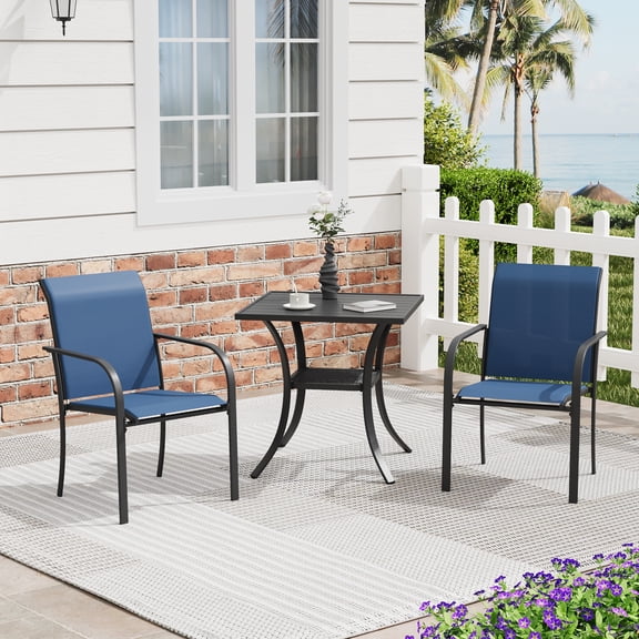 DIFY 3PCS Patio Dining Set,27" Square Metal Table with Storage Shelf, 2 Stackable Chairs,Black&Blue