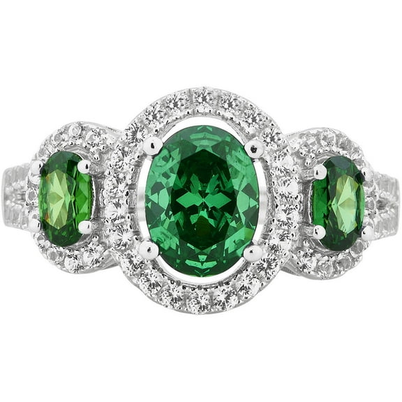 Created Emerald and White Sapphire Gemstone Sterling Silver Three Stone Oval Frame Ring