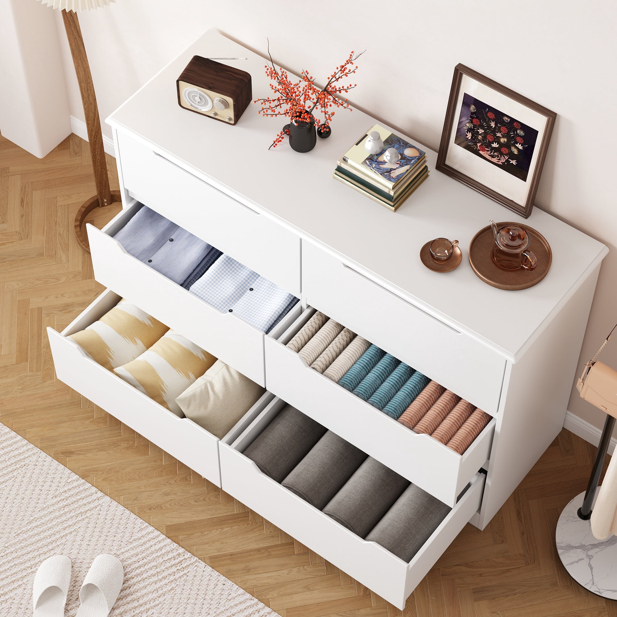Dresser for Bedroom, Lofka 6 Drawer Double Dresser with Cutout Handles, Large Storage Capacity, Anti-Tip Safety, Modern Wood Chest of Drawers, Smooth Metal Rail, White
