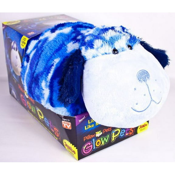 Pillow Pets Glow Pets Blue Camo Dog, 18” Jumbo Plush Glow-in-the-Dark Pillow with LED Lights