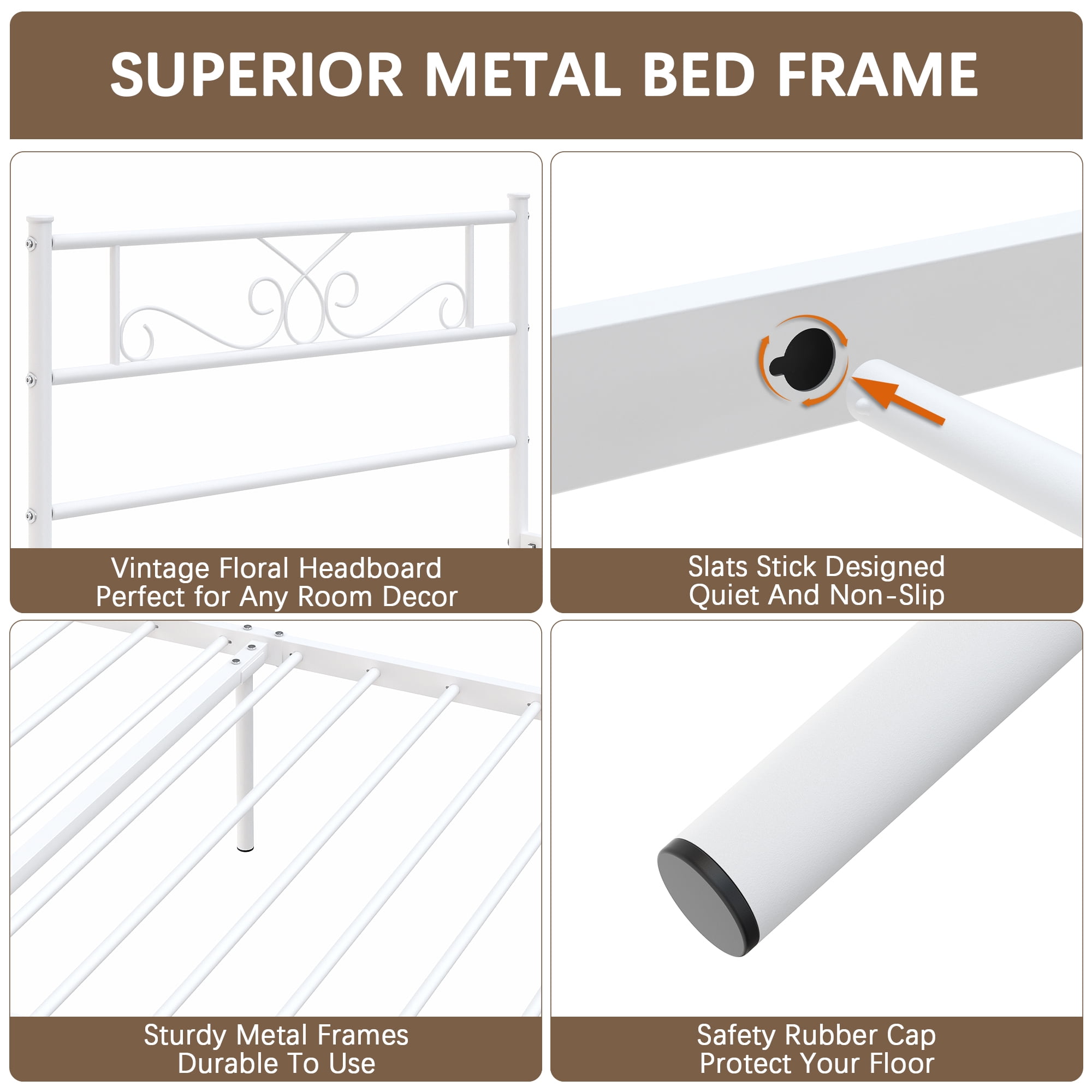 Garmic Twin Metal Bed Frame with Scroll Design Headboard and Footboard for Teens Boys Girls, White