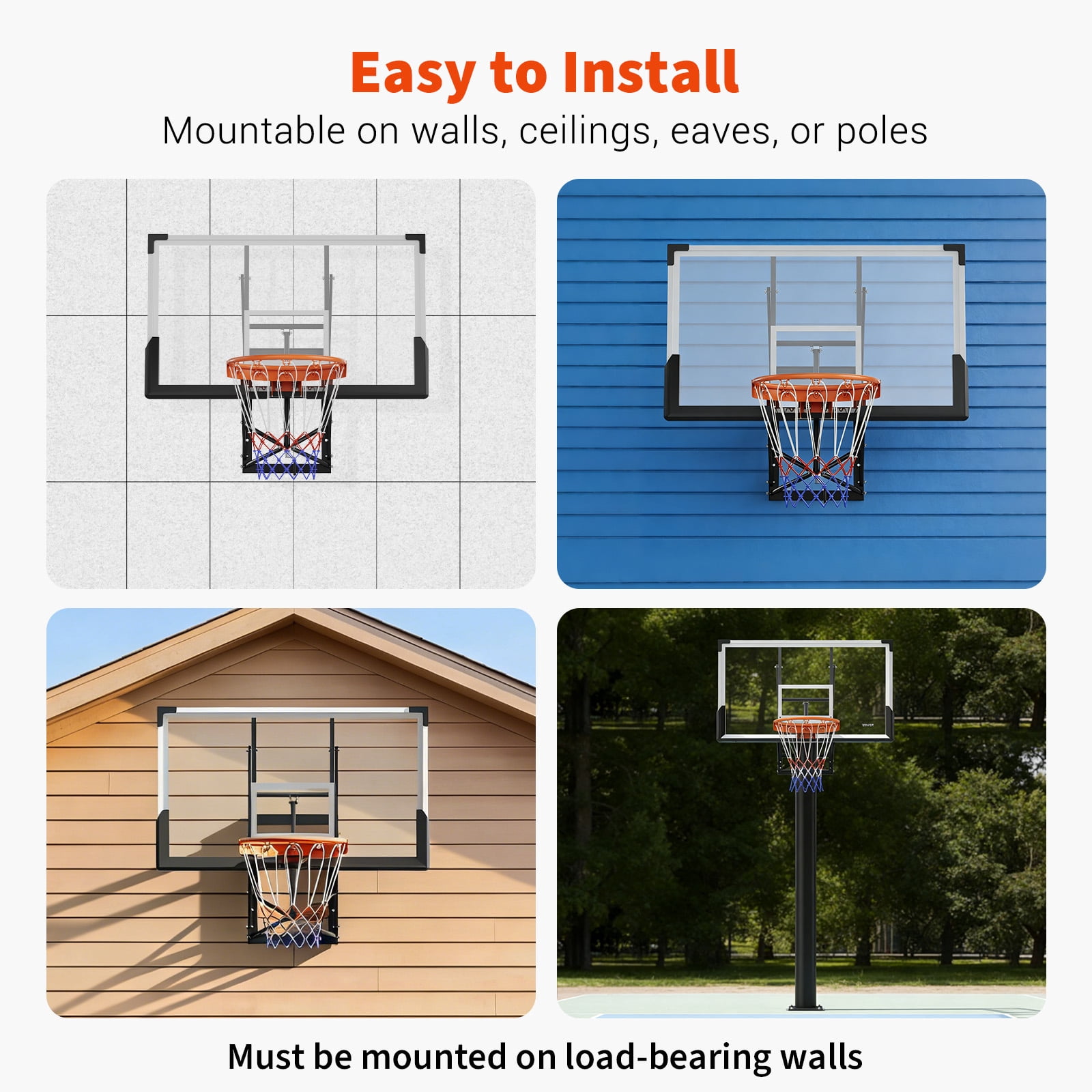 Towallmark 54" Wall-Mounted Basketball Hoop, Adjustable 8–10 ft Height, Shatterproof PC Backboard, 18" Solid Rim, Indoor/Outdoor Basketball Goal for Home, Garage, Gym & Backyard