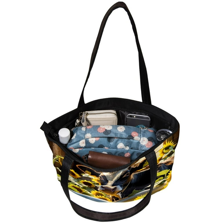 Handbags for Women Fashion Tote Bags Shoulder Bag Satchel Bags Farmhouse Animal Bathing Cow and Sunflower