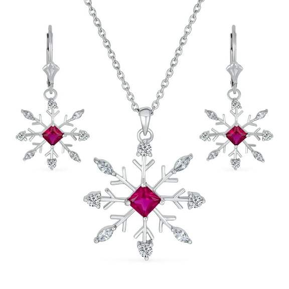 Bling Jewelry Womens Holiday Party Jewelry Set Pink Rose CZ Snowflake Necklace & Earrings Silver