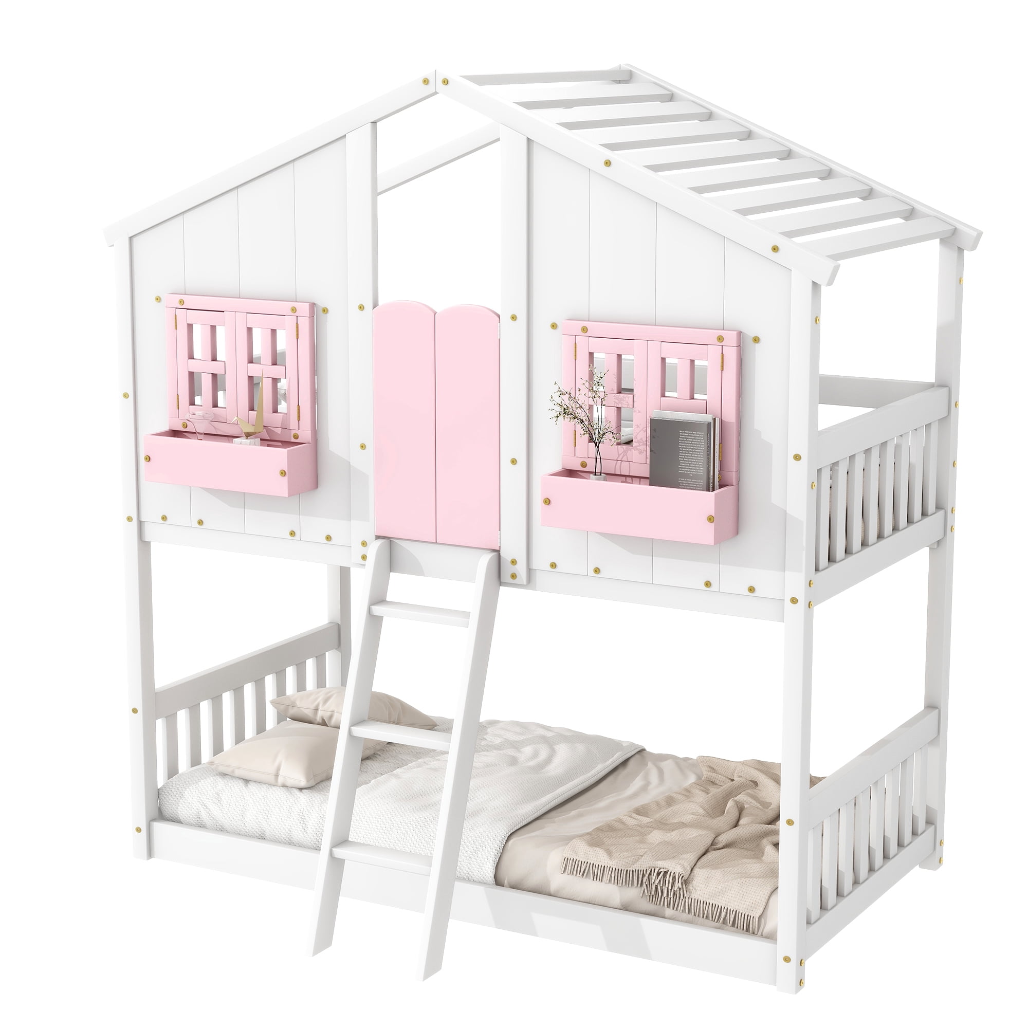 Leumius Twin over Twin Floor Bunk Bed with Ladder and Guardrails, House-Shaped-Bunk Bed with Window and Door for Boys Girls Pink+White
