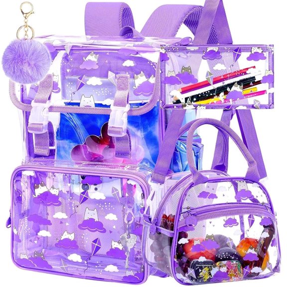 3Pcs Clear Backpack for School, Girls Kids Transparent Bookbag Set, 17" Cat Stadium Approved See Through Backpack with Lunch Box (Purple)