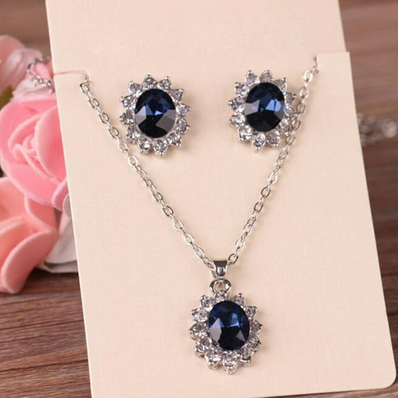 Yesbay Exquisite Sapphire Rhinestone Pendant Necklace Earrings Women Jewelry Set Gift,Sapphire Blue
